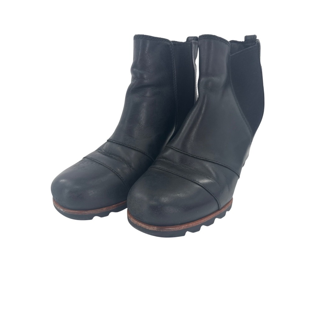 Sorel Joan of Arc Wedge II Womens Black Leather Zip Ankle Boots Sz 7 NL2334-010